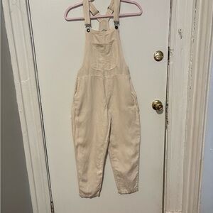 Aerie soft denim tan granola girl straight slight barrel shape overalls xs